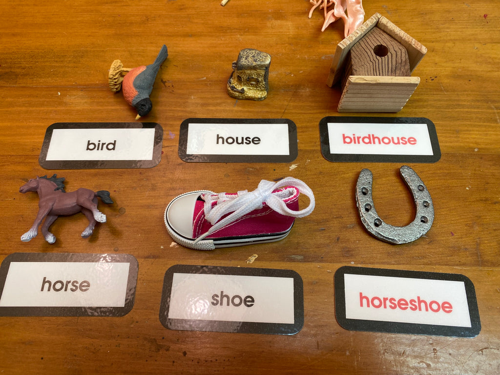 bird, house, birdhouse, horse, shoe, horseshoe are just a few of the objects included in the compound word key experience.