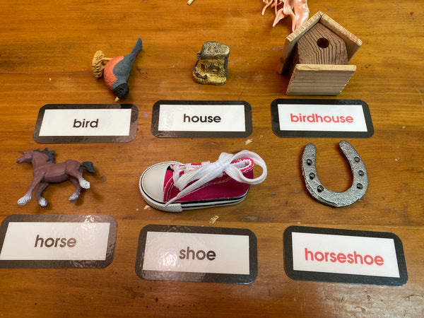 bird, house, birdhouse, horse, shoe, horseshoe are just a few of the objects included in the compound word key experience.