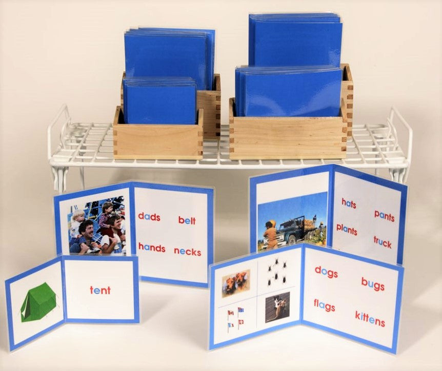 Blue booklets shown on display rack in containers with one example of each booklet opened up