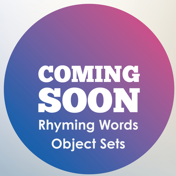 A circular graphic with a blue-to-purple gradient background and white text reading 'COMING SOON Rhyming Words Object Sets' on a pale gradient backdrop.