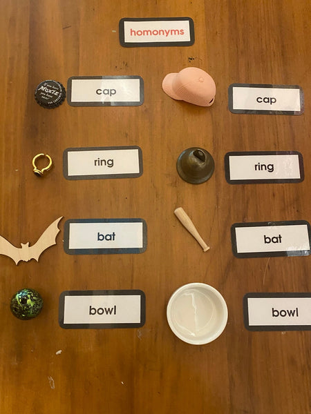 A wooden tabletop with objects and labels to illustrate the Montessori Key Experience for Homophones. Several small objects are arranged in pairs beside matching word cards: two caps, two rings, two bats, and two bowls.