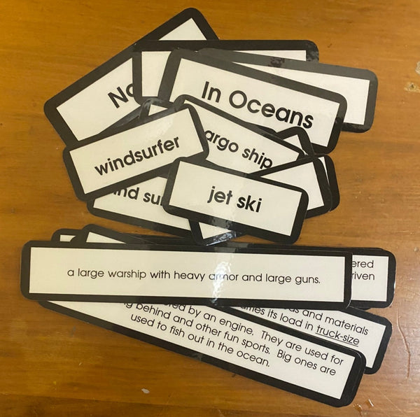 Assortment of cards, labels and definitions for water vessels.