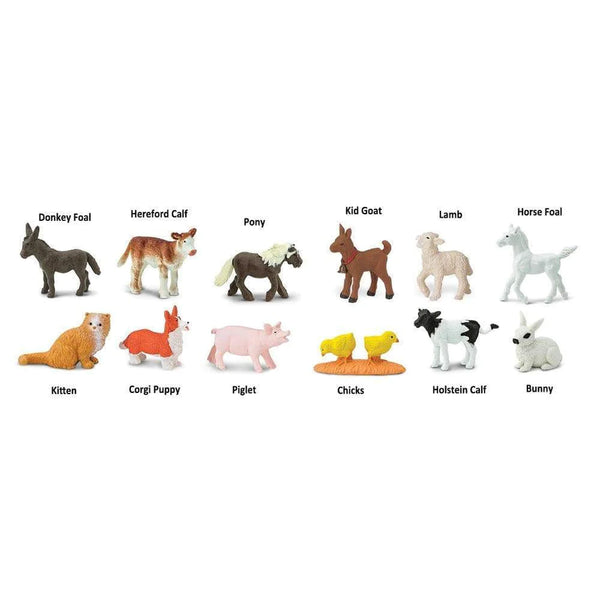 picture shows each included animal with a description, donkey foal, hereford calf, pony, kid goat, lamb, horse foal, kitten, corgi puppy, piglet, chicks, holstein calf, bunny
