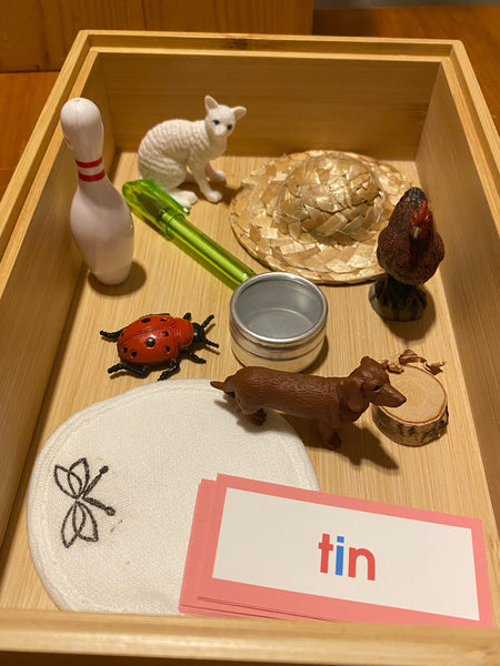A wooden toy storage box containing various small educational and play items, including a white sheep figurine, a straw hat, a ladybug, a dachshund figurine, a white bowling pin, a green toy tool, a small metal tin, a round white mat with a dragonfly design, and pink cards reading 'tin'.