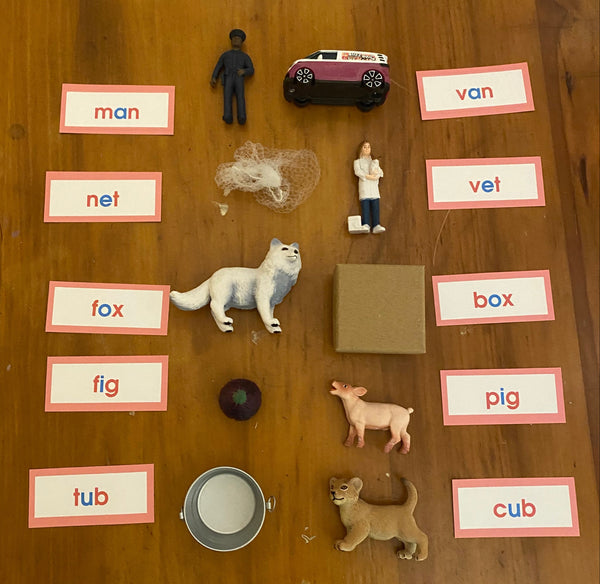 A collection of objects and labels arranged on a wooden tabletop. The set includes small figurines of a man, van, person, fox, pig, and cat, a dog, a wolf, a box, a tub, a net, and a ball, along with matching word cards labeled man, van, vet, fox, fig, pig, cub, box, and tub.
